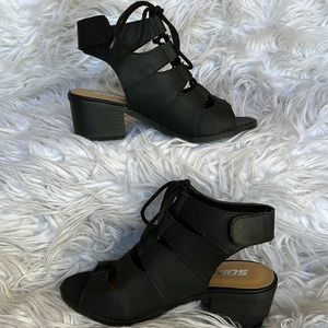 SODA Girls Quince Faux Leather Peep Toe Lace Up Gladiator Slingback Open Back